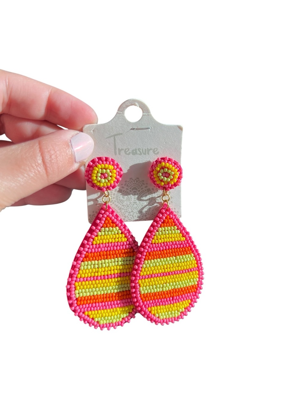 Treasure Pink & Orange Serape Beaded Teardrop Earrings - NWT
